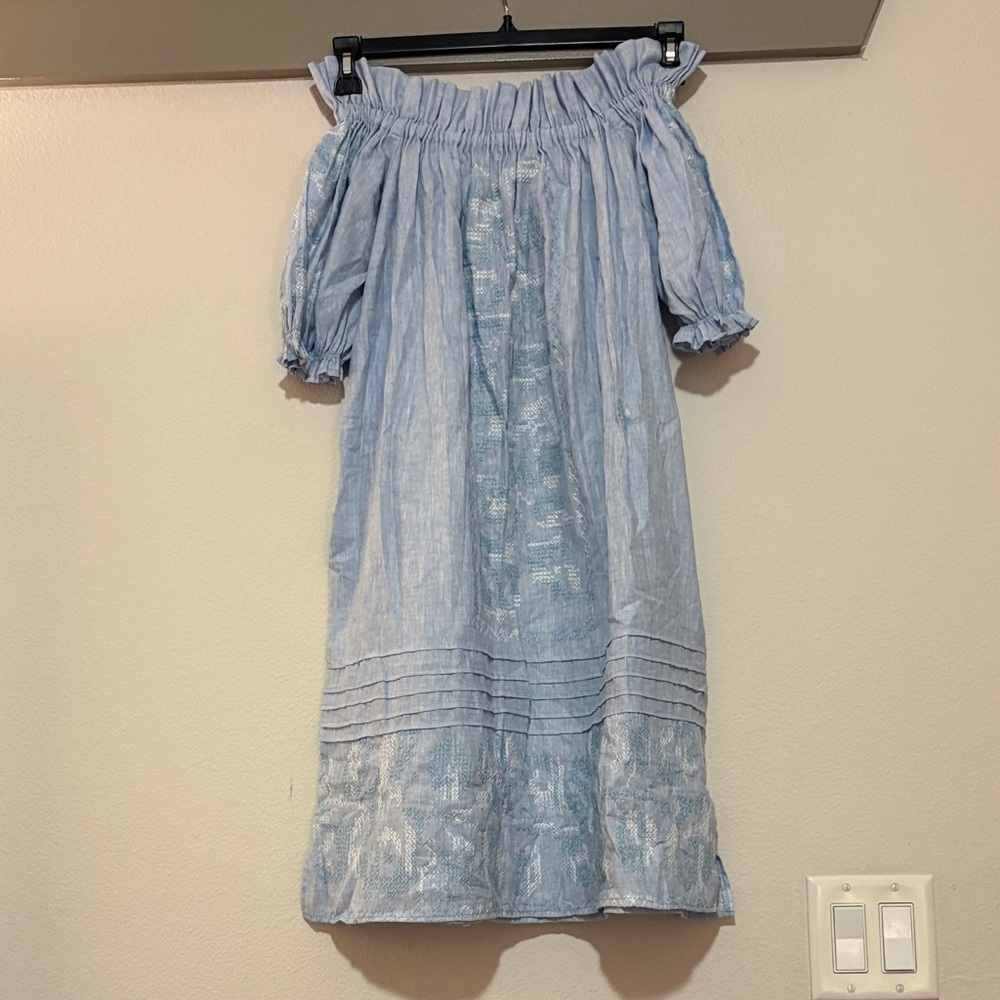 Margarita Mercantile Blue Off the Shoulder Embroidered Dress SZ S EUC